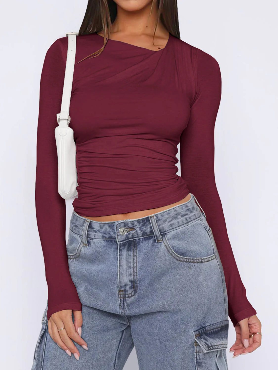 Ruched Asymmetrical Neck Long Sleeve T-Shirt - Image 5