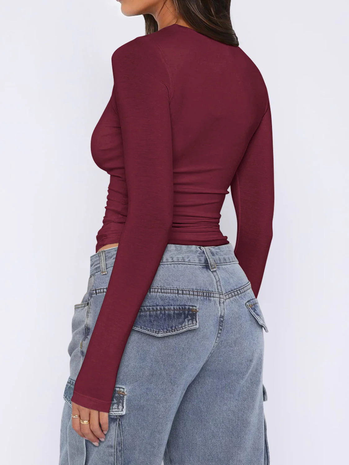 Ruched Asymmetrical Neck Long Sleeve T-Shirt - Image 6