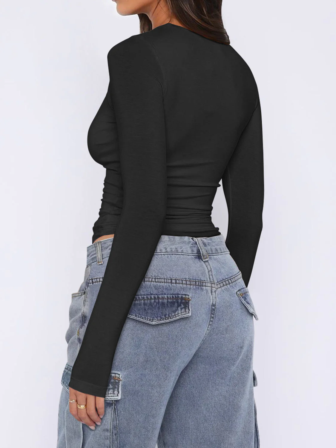 Ruched Asymmetrical Neck Long Sleeve T-Shirt - Image 7