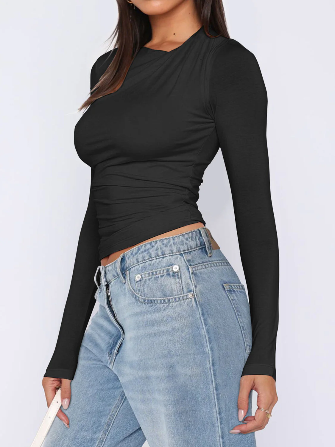 Ruched Asymmetrical Neck Long Sleeve T-Shirt - Image 8