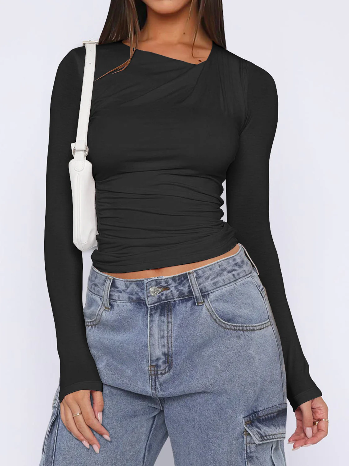 Ruched Asymmetrical Neck Long Sleeve T-Shirt - Image 9