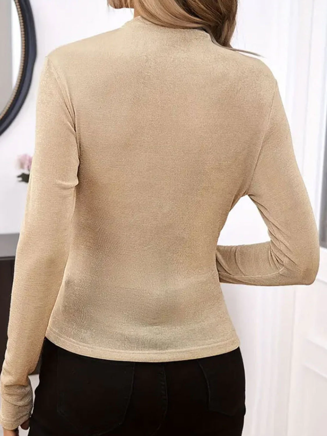Ruched Mock Neck Long Sleeve T-Shirt - Image 2