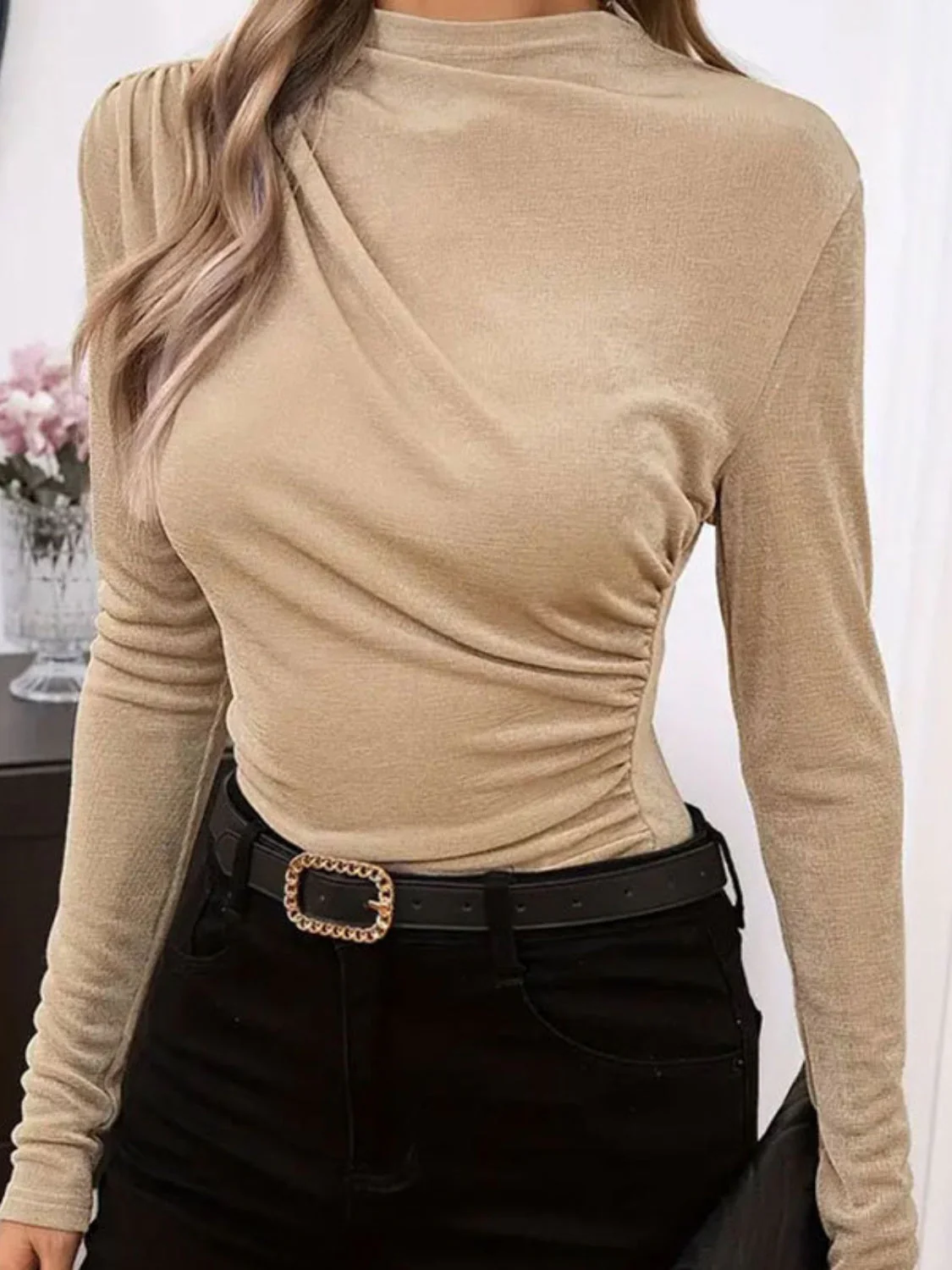 Ruched Mock Neck Long Sleeve T-Shirt - Image 6