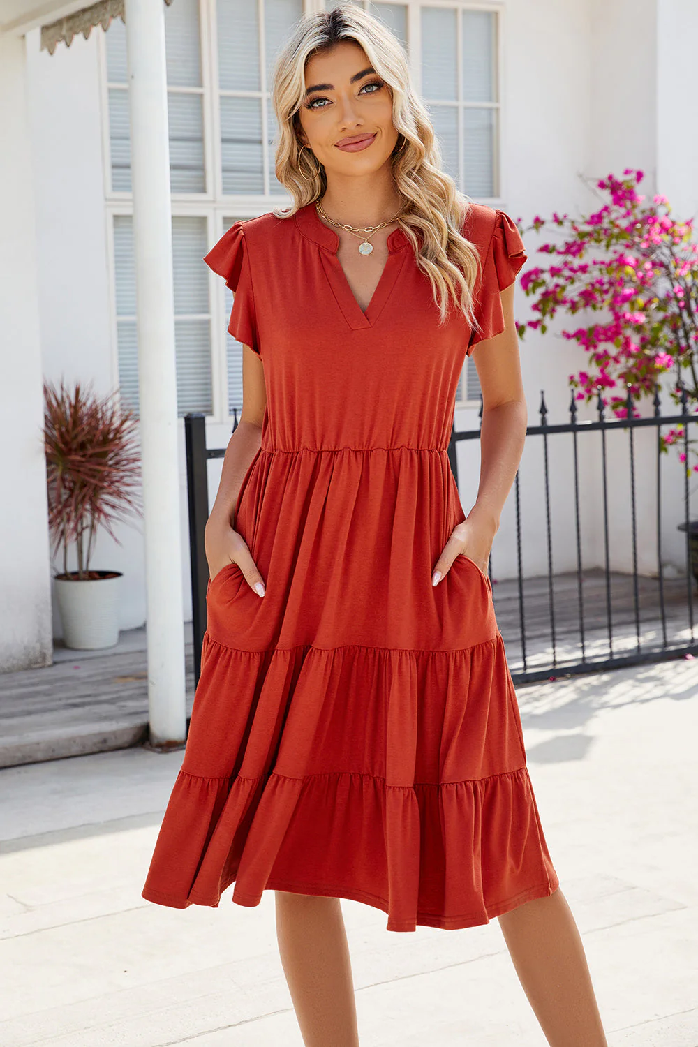 Ruched Notched Cap Sleeve Dress - Image 14
