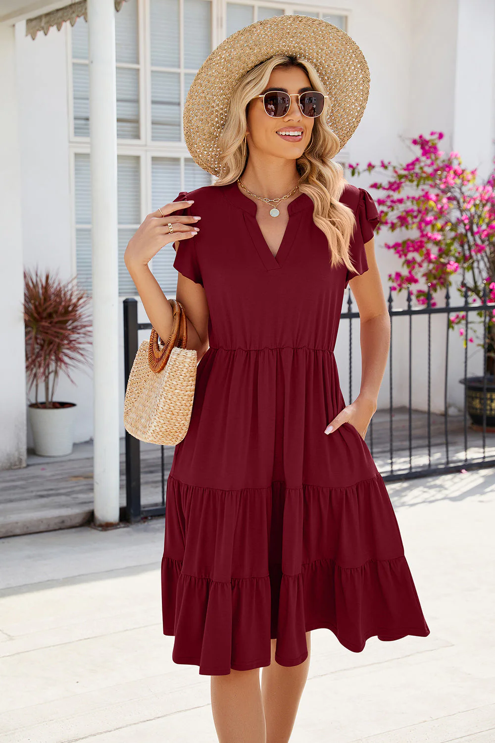Ruched Notched Cap Sleeve Dress - Image 17