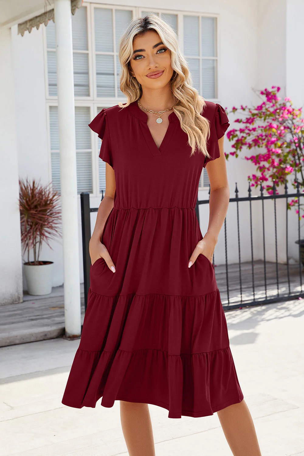 Ruched Notched Cap Sleeve Dress - Image 18