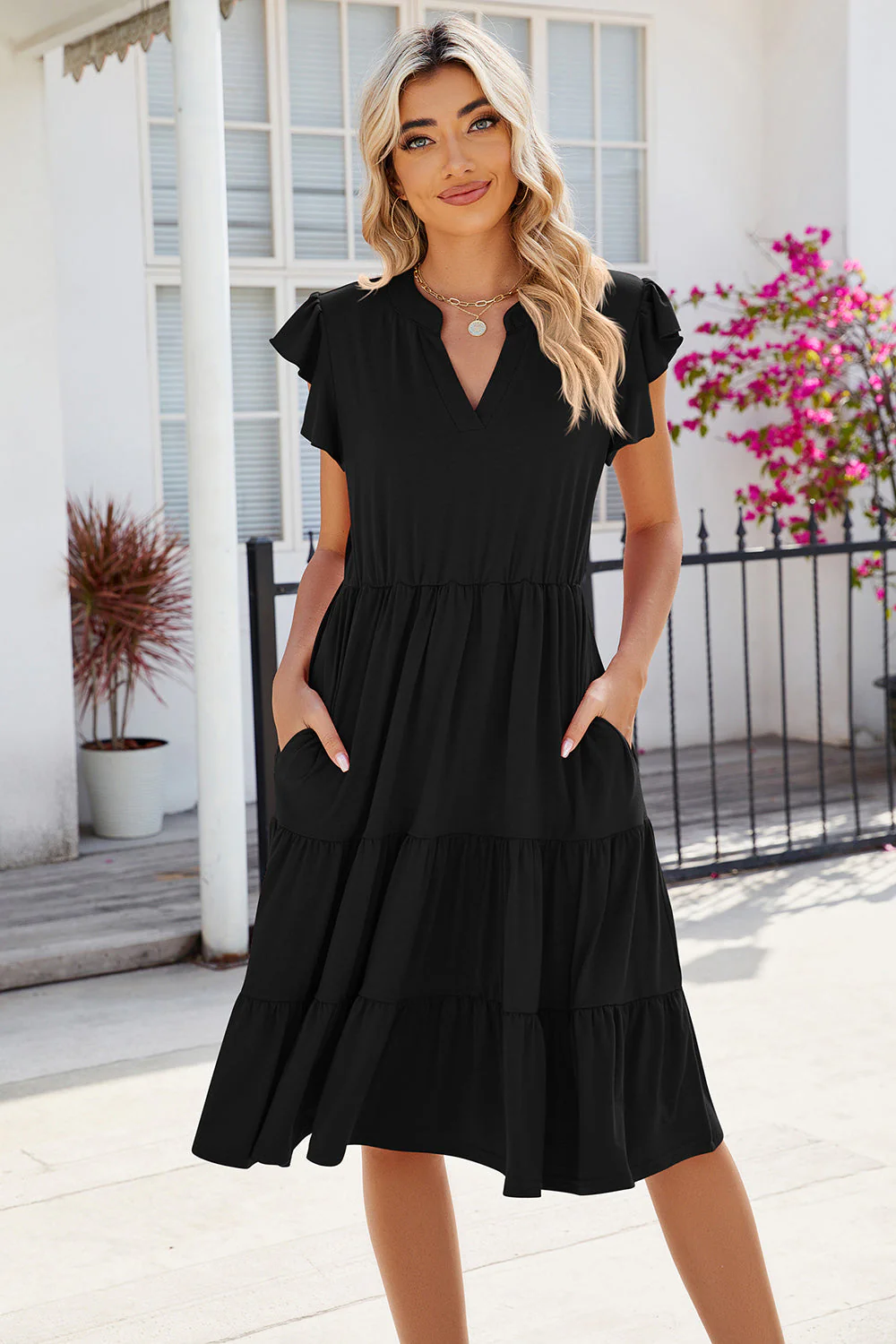 Ruched Notched Cap Sleeve Dress - Image 9
