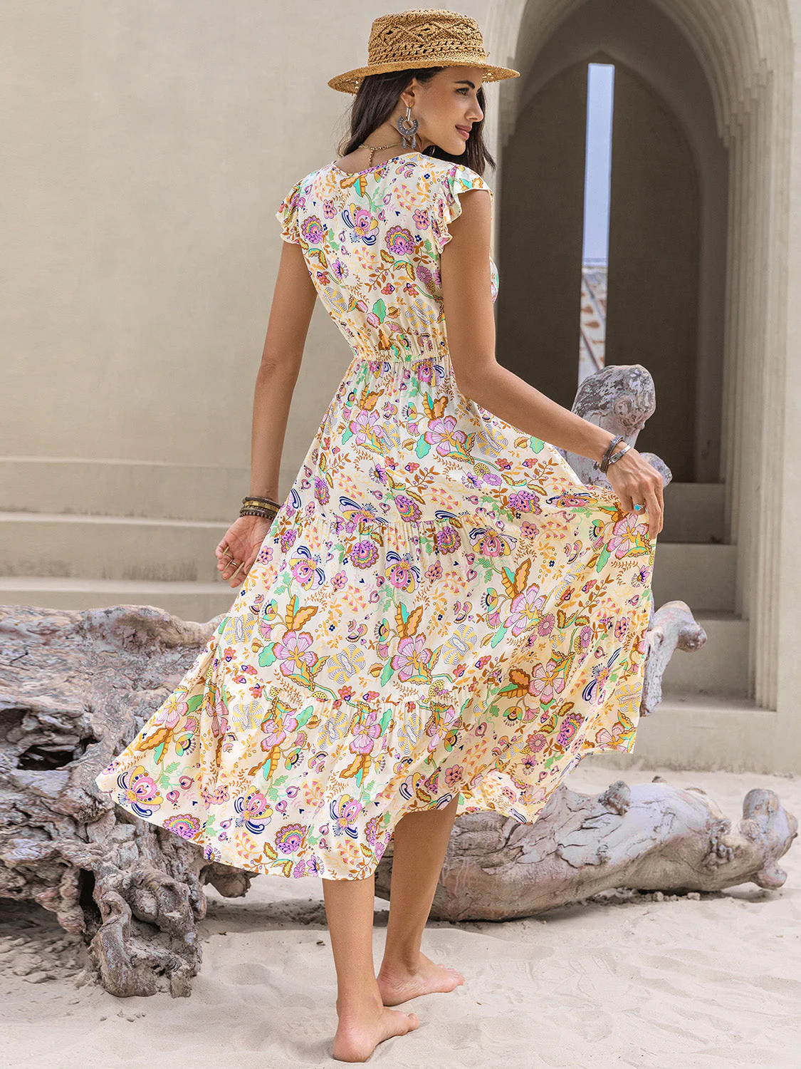Ruched Printed Cap Sleeve Midi Dress - Image 2