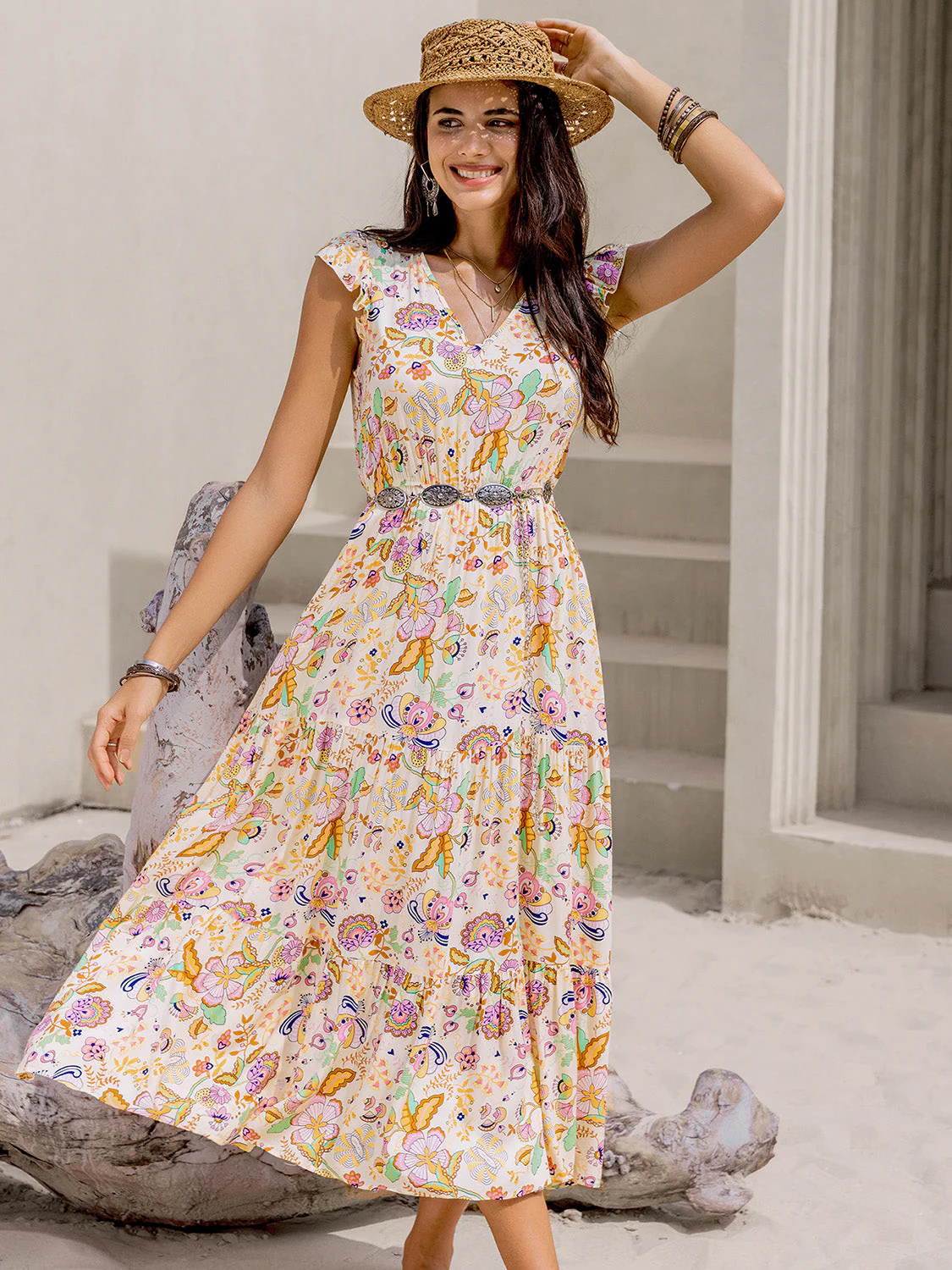 Ruched Printed Cap Sleeve Midi Dress - Image 3