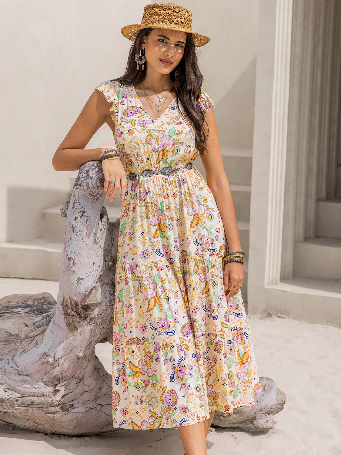 Ruched Printed Cap Sleeve Midi Dress - Image 5