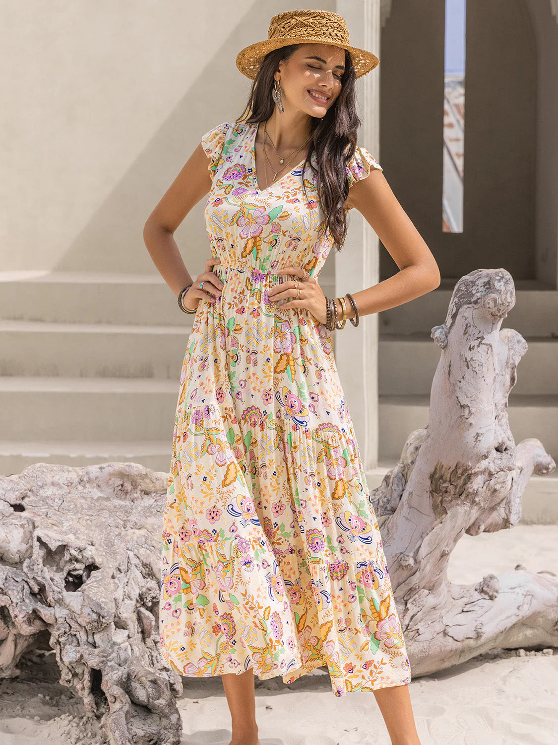 Ruched Printed Cap Sleeve Midi Dress - Image 7