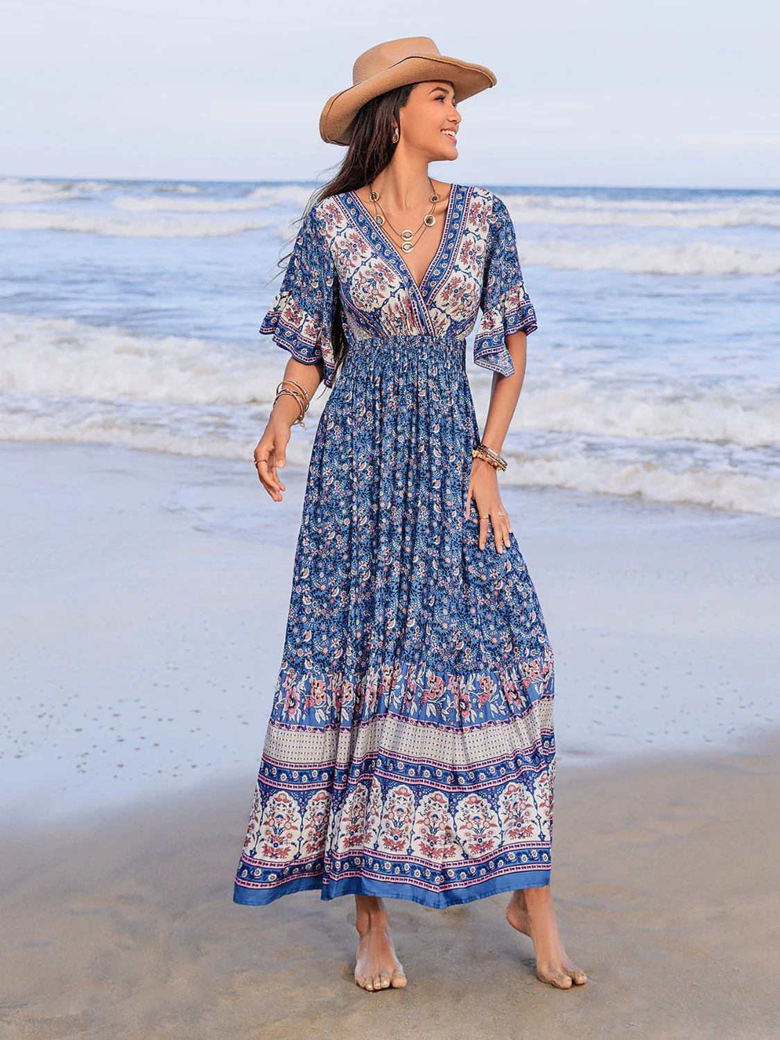 Ruched Printed Flounce Sleeve Midi Dress - Image 2