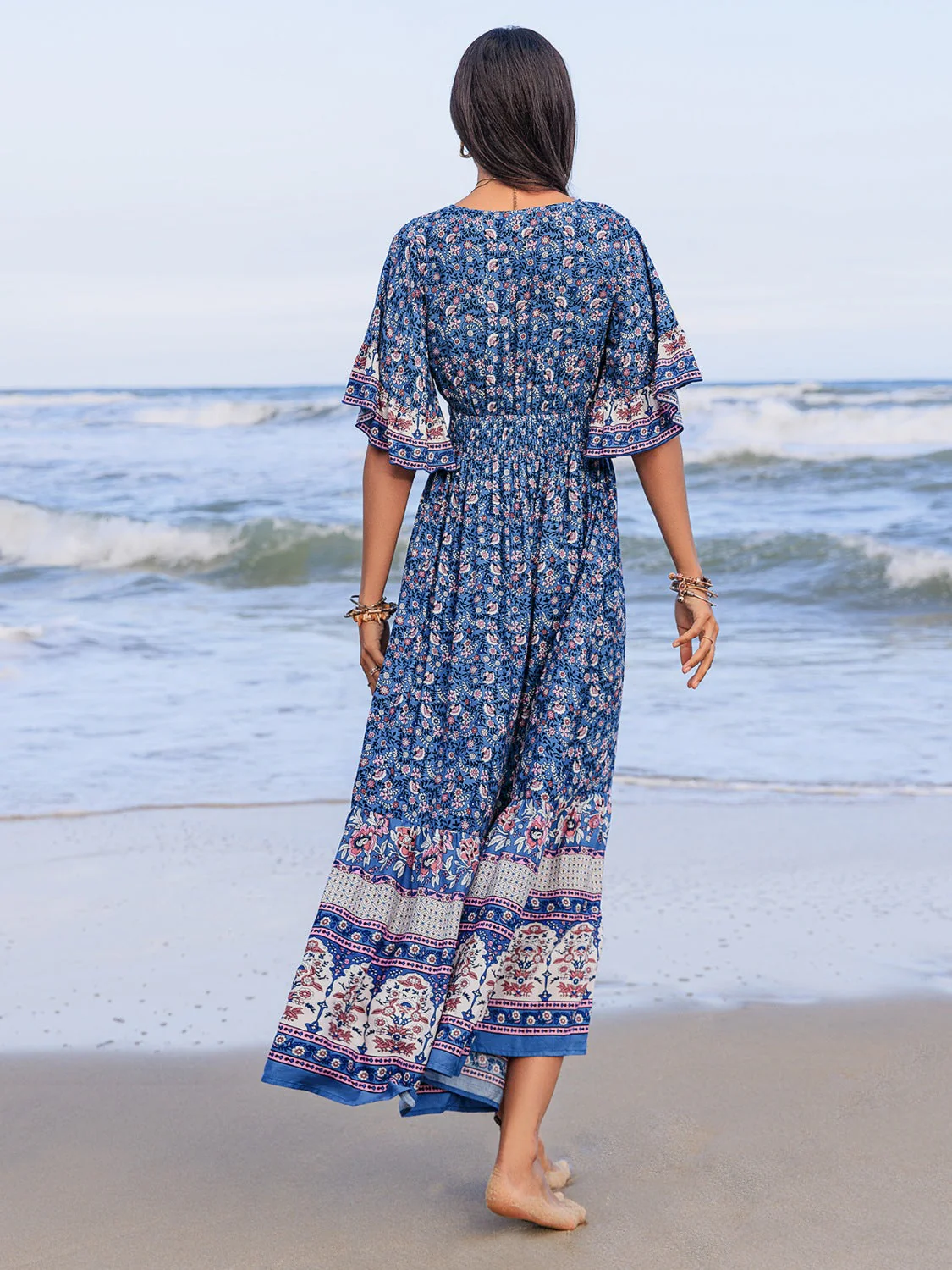 Ruched Printed Flounce Sleeve Midi Dress - Image 3