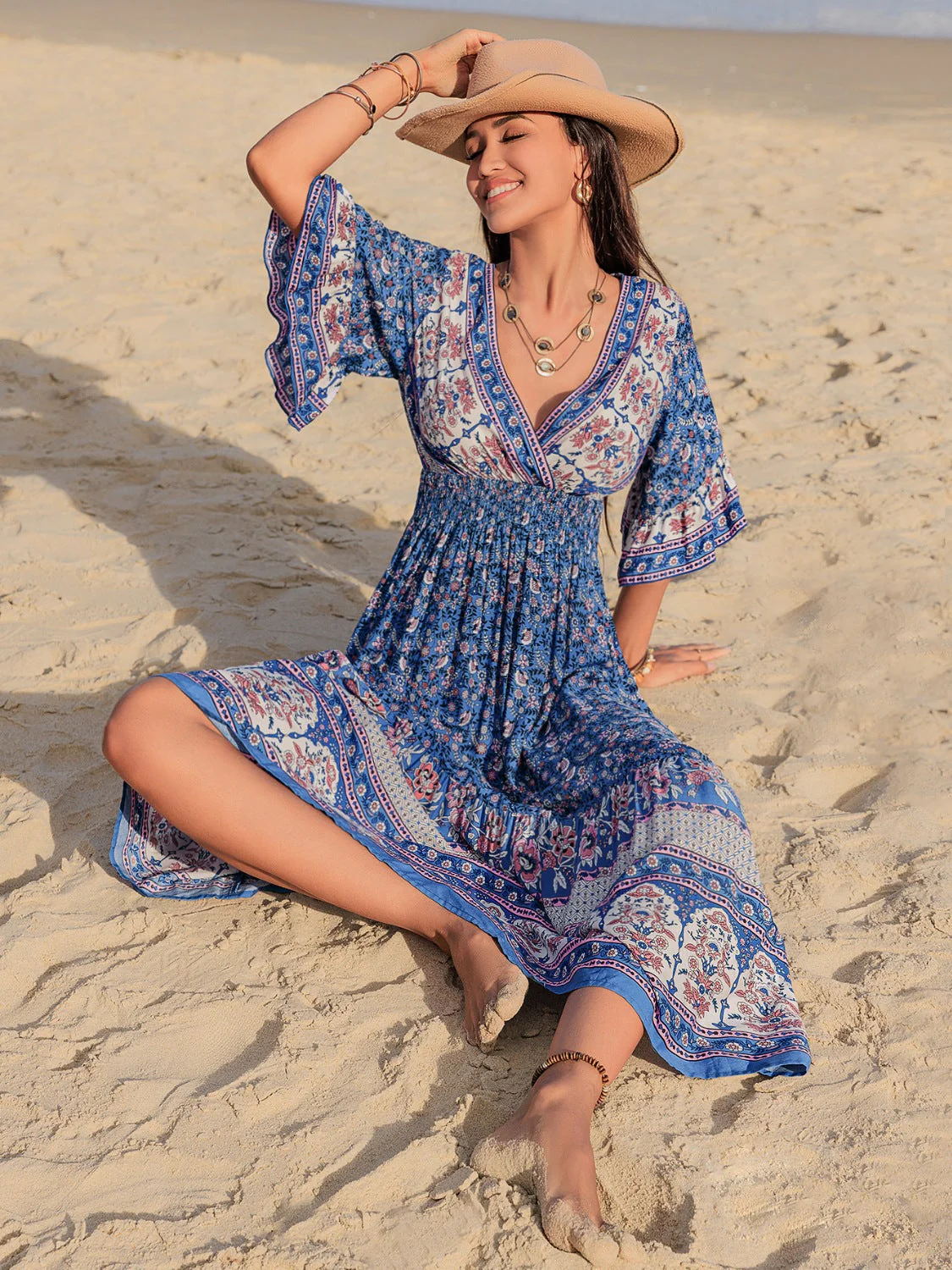 Ruched Printed Flounce Sleeve Midi Dress - Image 4