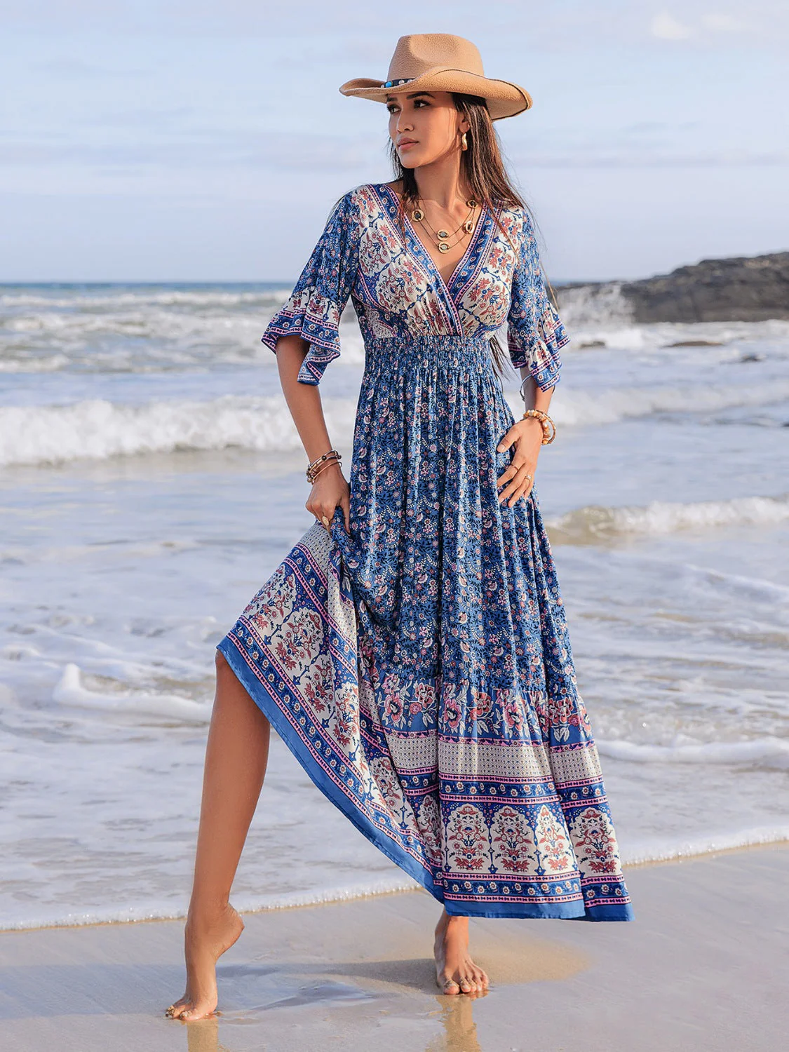 Ruched Printed Flounce Sleeve Midi Dress - Image 5