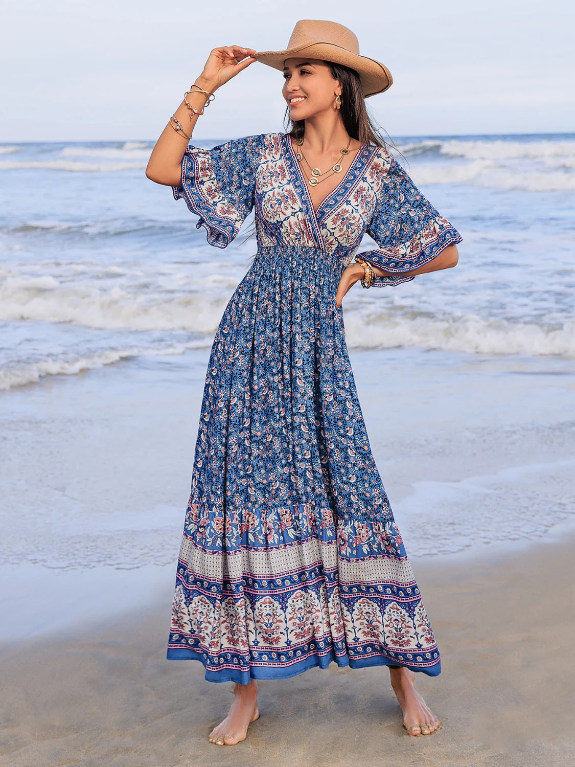 Ruched Printed Flounce Sleeve Midi Dress - Image 6