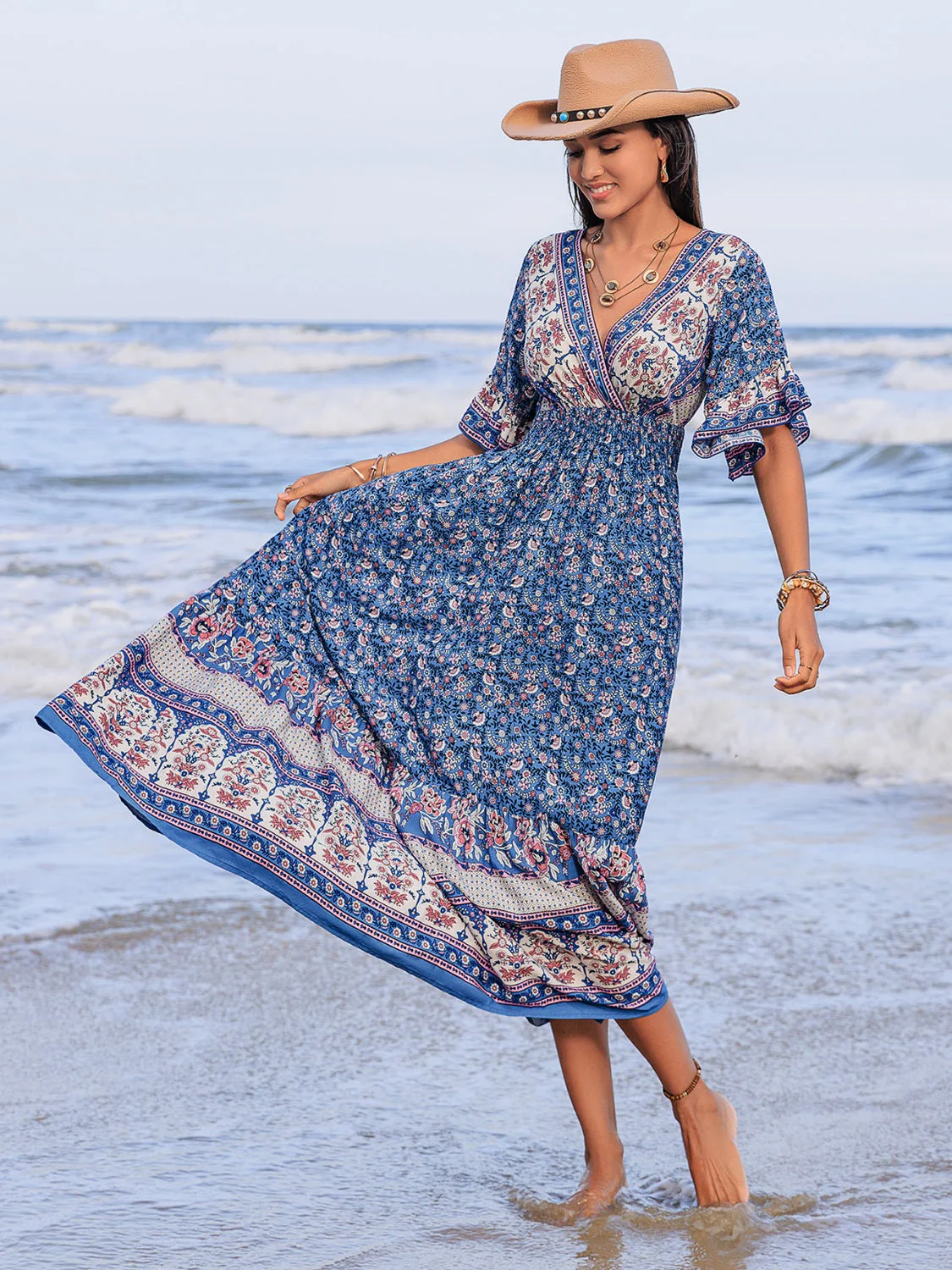 Ruched Printed Flounce Sleeve Midi Dress - Image 7
