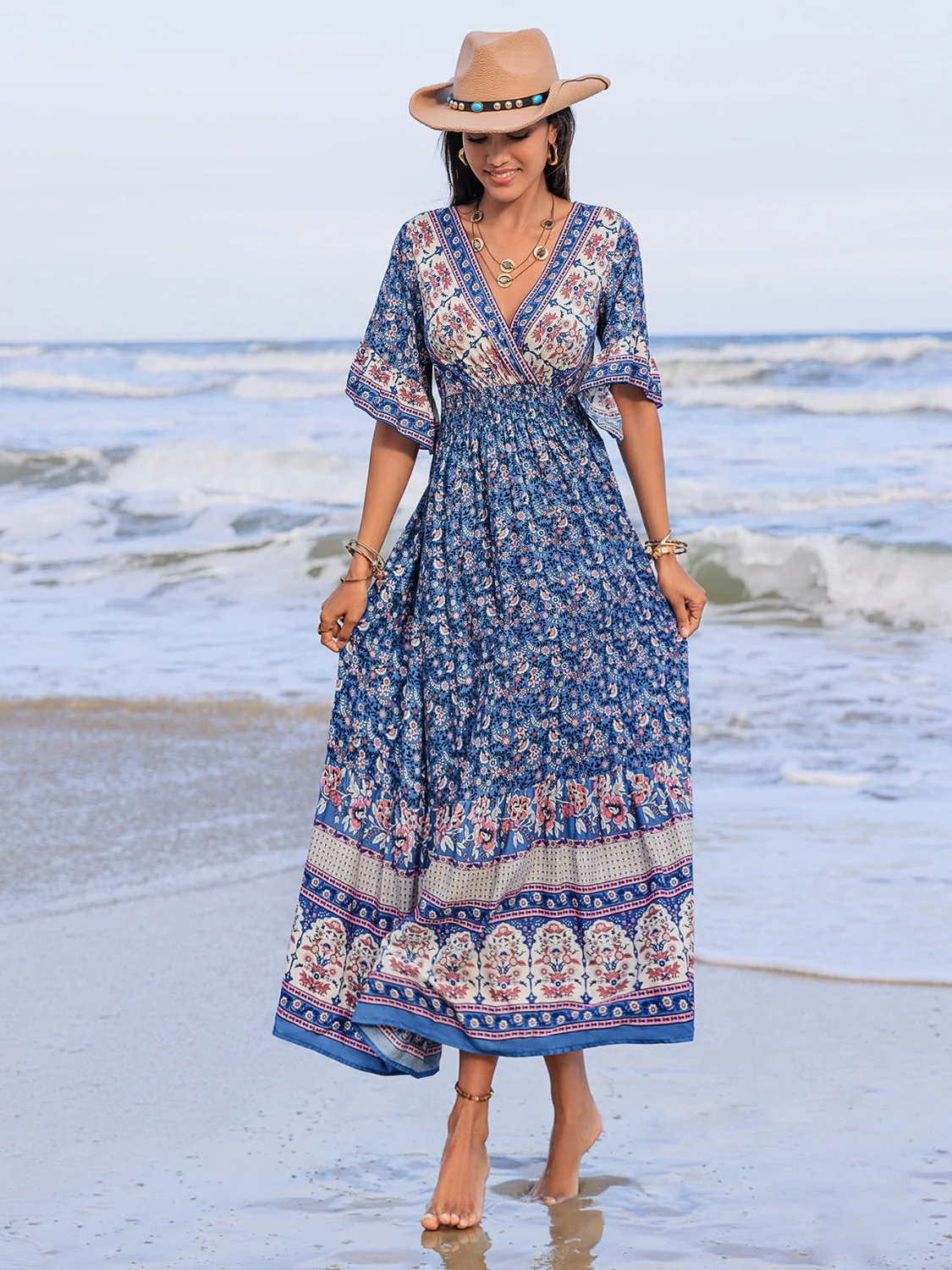 Ruched Printed Flounce Sleeve Midi Dress - Image 8