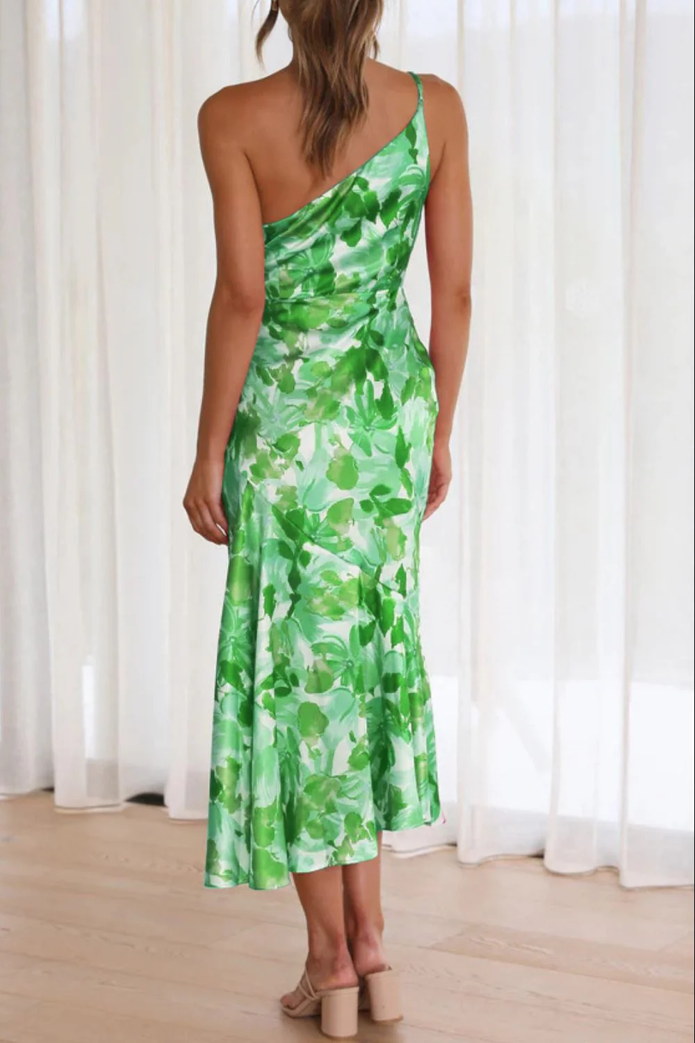 Ruched Printed Single Shoulder Midi Dress - Image 2