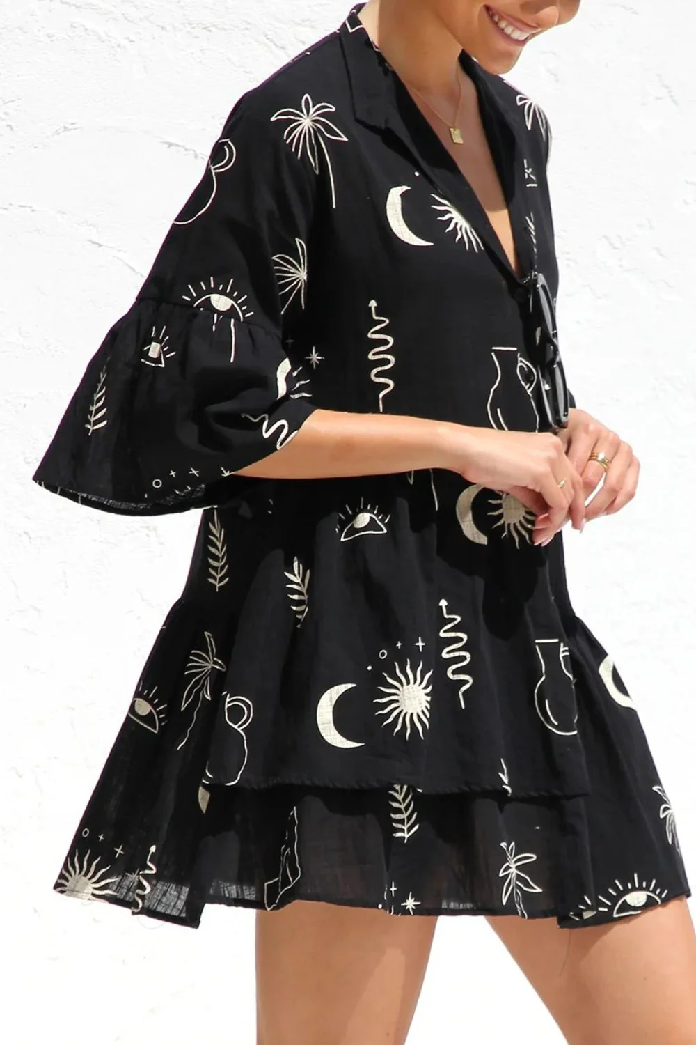 Ruched Printed Three-Quarter Sleeve Mini Dress - Image 3