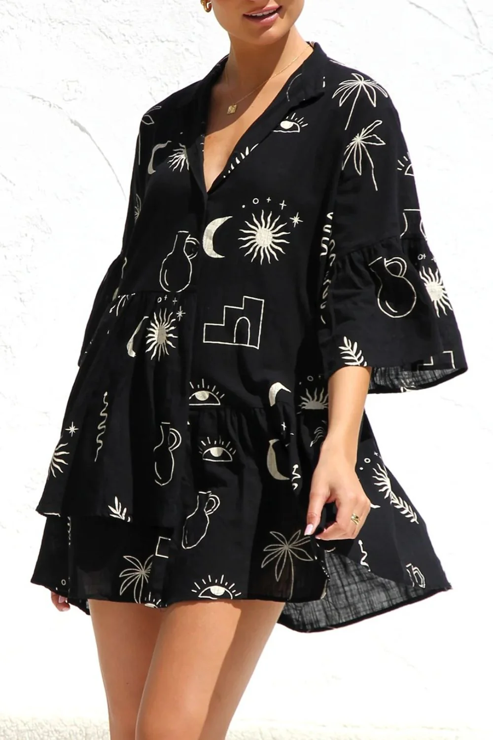 Ruched Printed Three-Quarter Sleeve Mini Dress - Image 4
