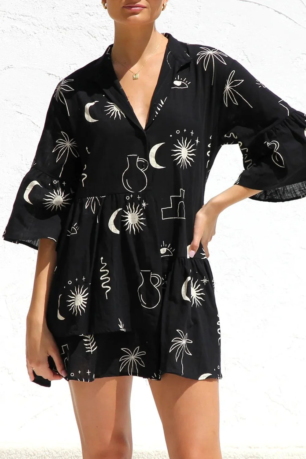 Ruched Printed Three-Quarter Sleeve Mini Dress - Image 5
