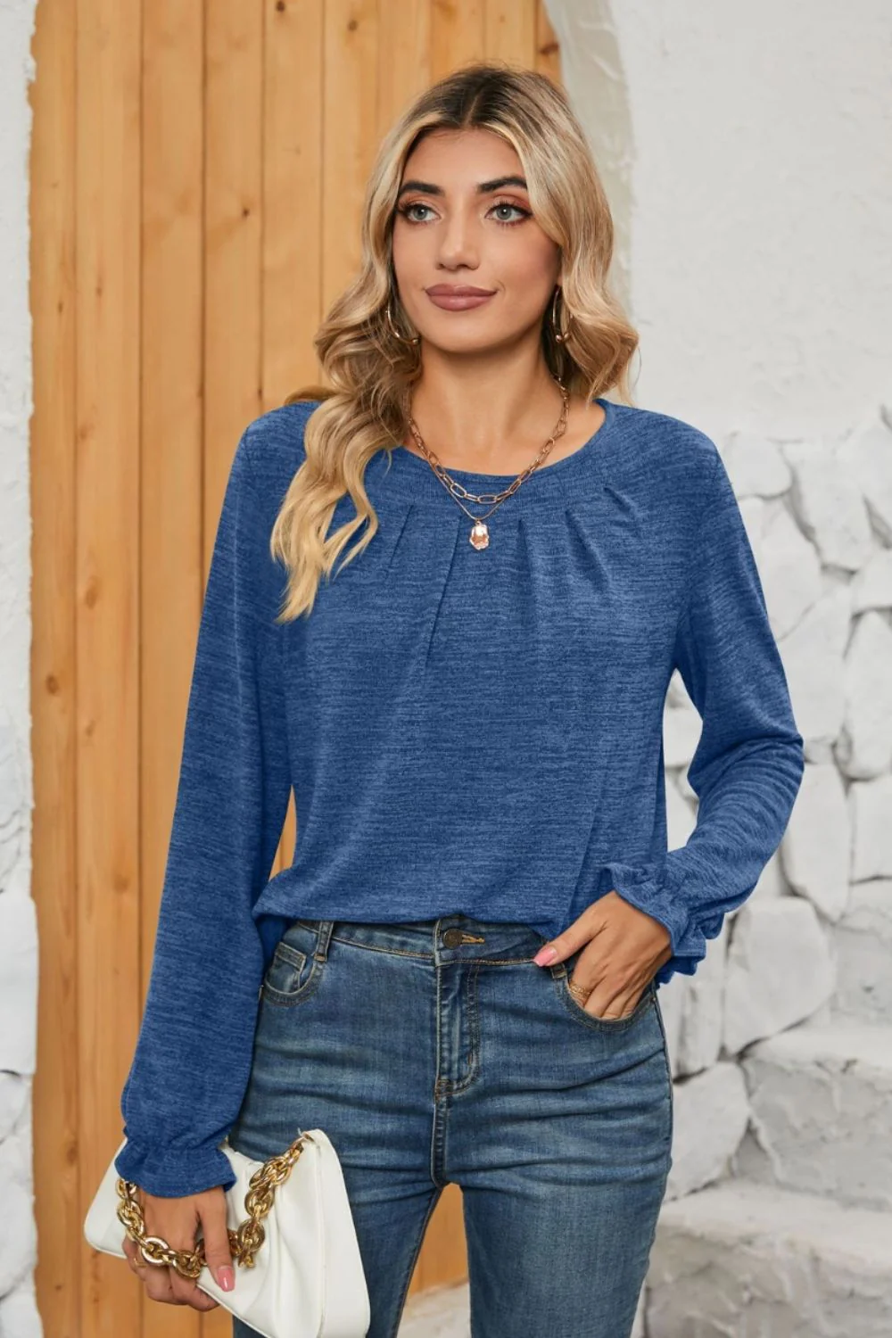 Ruched Round Neck Flounce Sleeve T-Shirt - Image 10