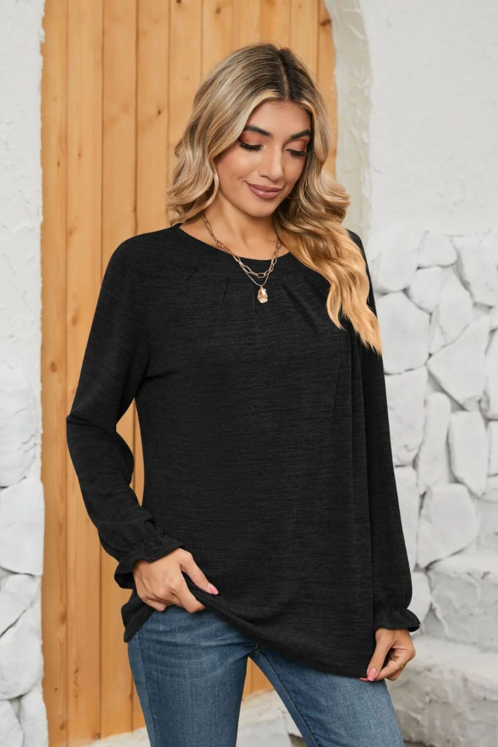 Ruched Round Neck Flounce Sleeve T-Shirt - Image 12