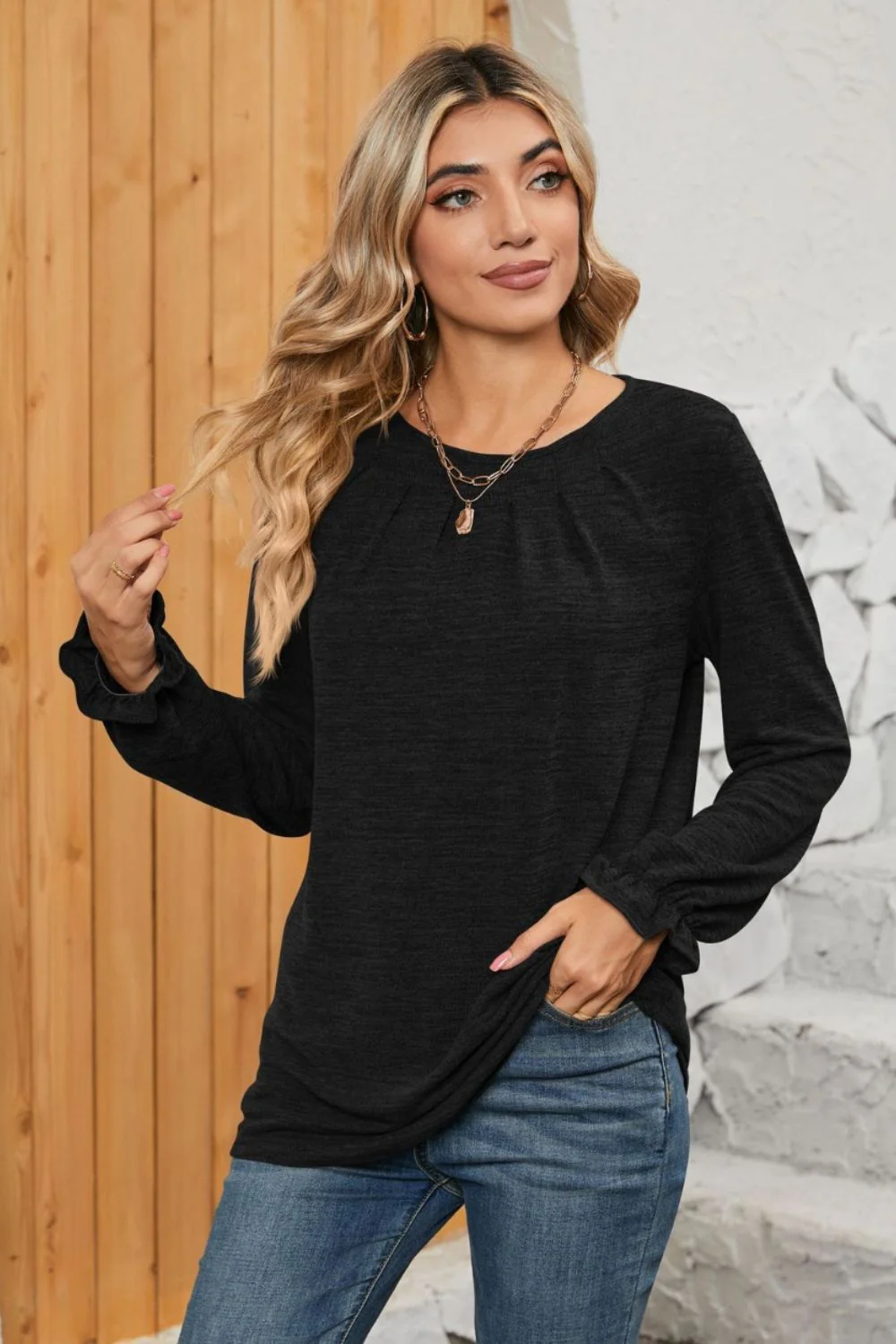 Ruched Round Neck Flounce Sleeve T-Shirt - Image 13
