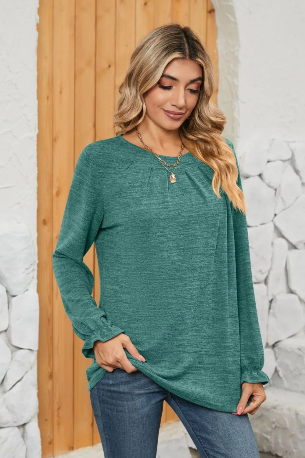 Ruched Round Neck Flounce Sleeve T-Shirt - Image 17