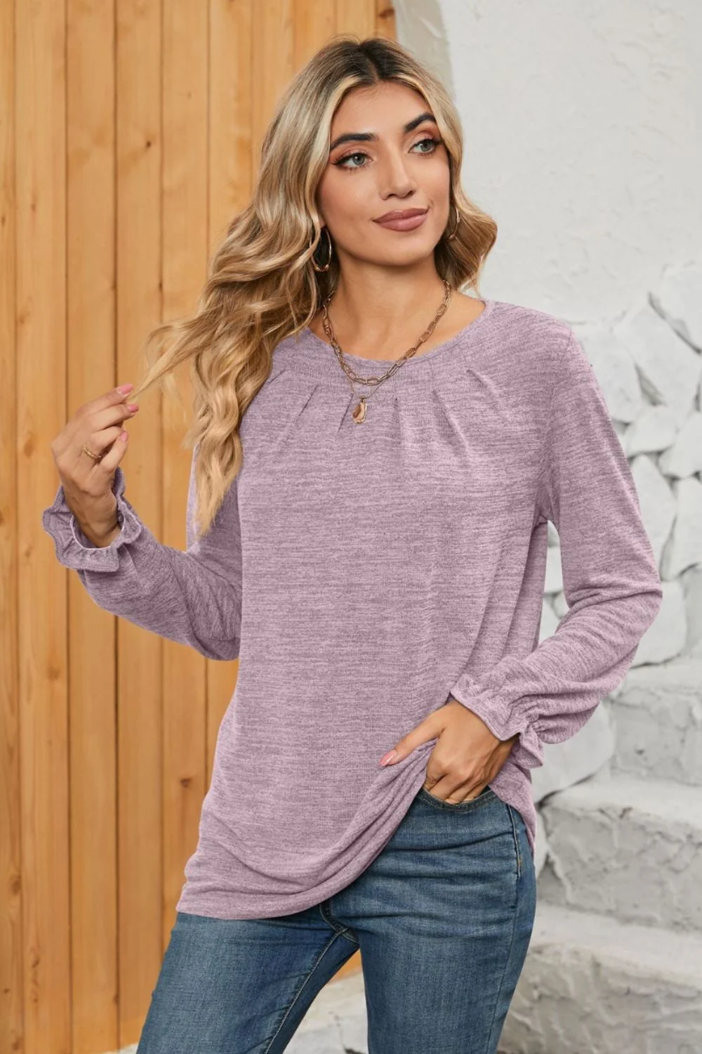 Ruched Round Neck Flounce Sleeve T-Shirt - Image 23