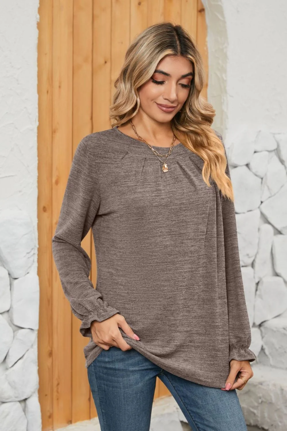 Ruched Round Neck Flounce Sleeve T-Shirt - Image 27