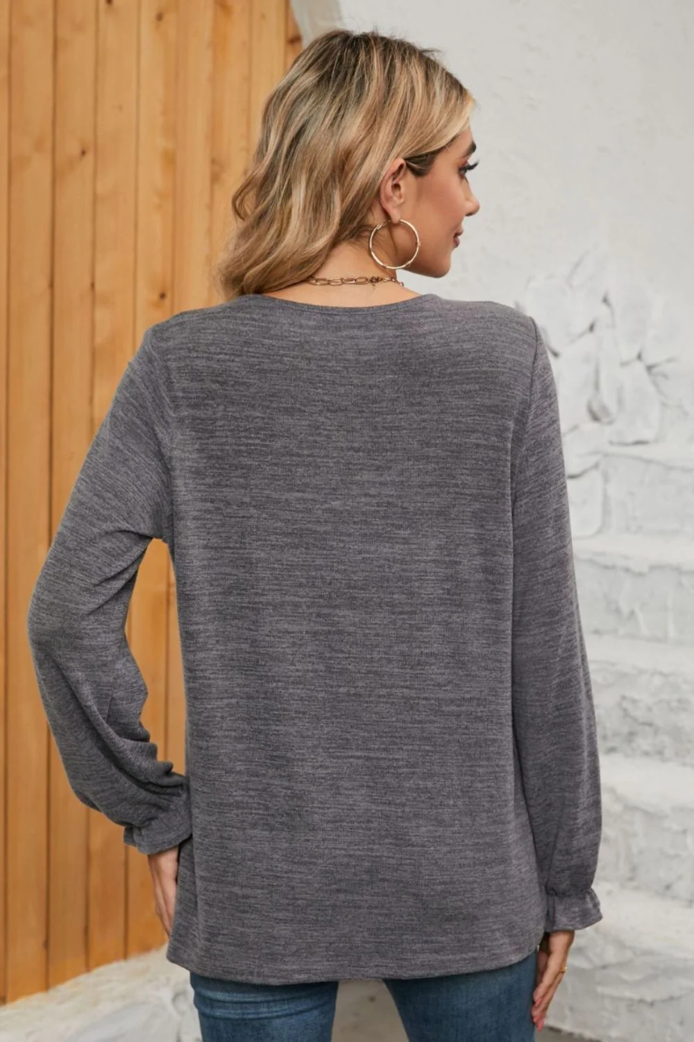 Ruched Round Neck Flounce Sleeve T-Shirt - Image 6