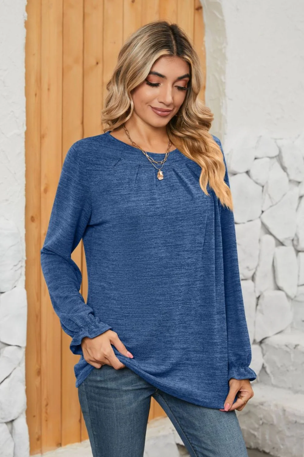 Ruched Round Neck Flounce Sleeve T-Shirt - Image 7