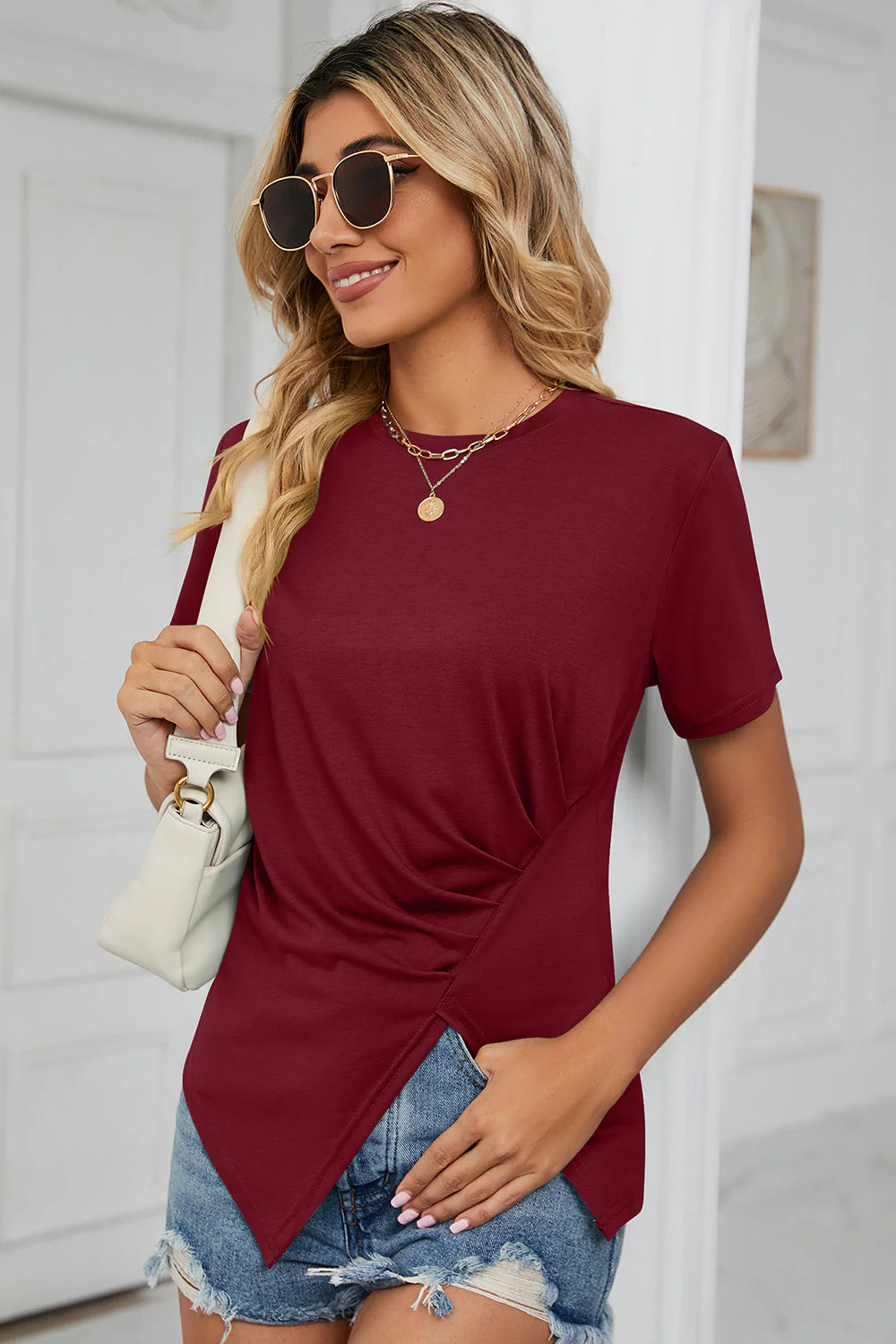 Ruched Round Neck Short Sleeve T-Shirt - Image 3