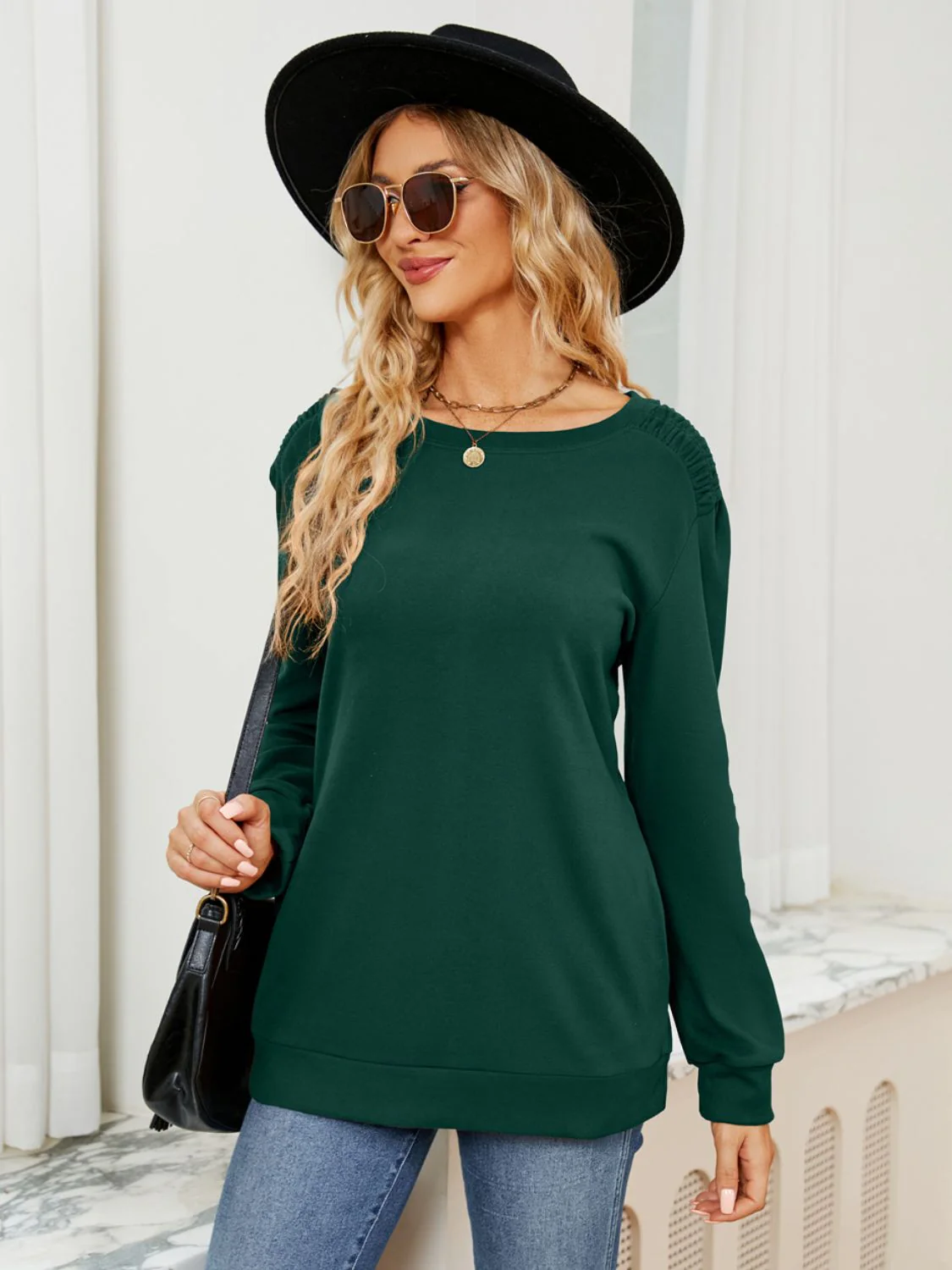 Ruched Shoulder Round Neck Long Sleeve Sweatshirt - Image 18