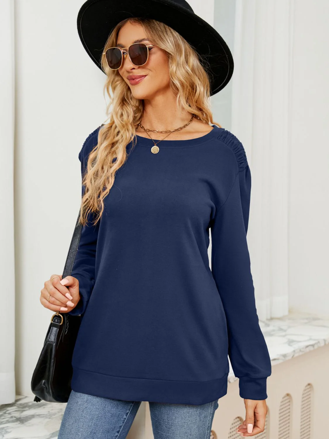 Ruched Shoulder Round Neck Long Sleeve Sweatshirt - Image 24