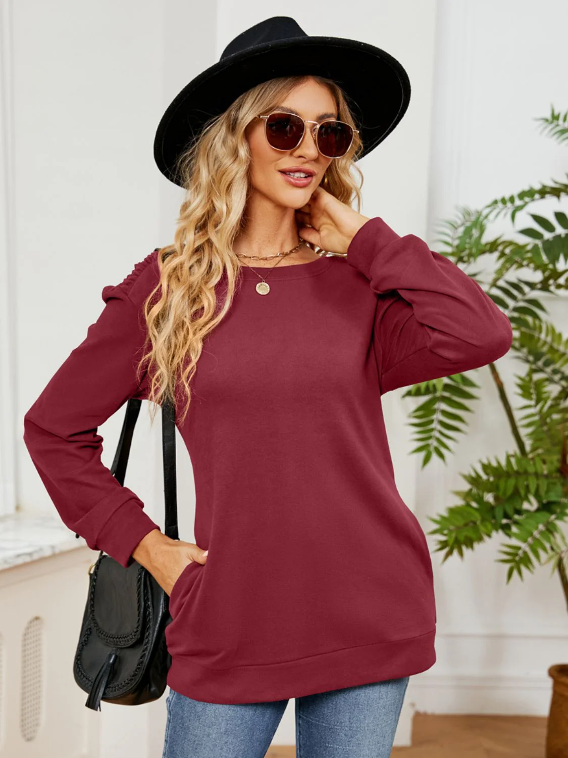 Ruched Shoulder Round Neck Long Sleeve Sweatshirt - Image 5