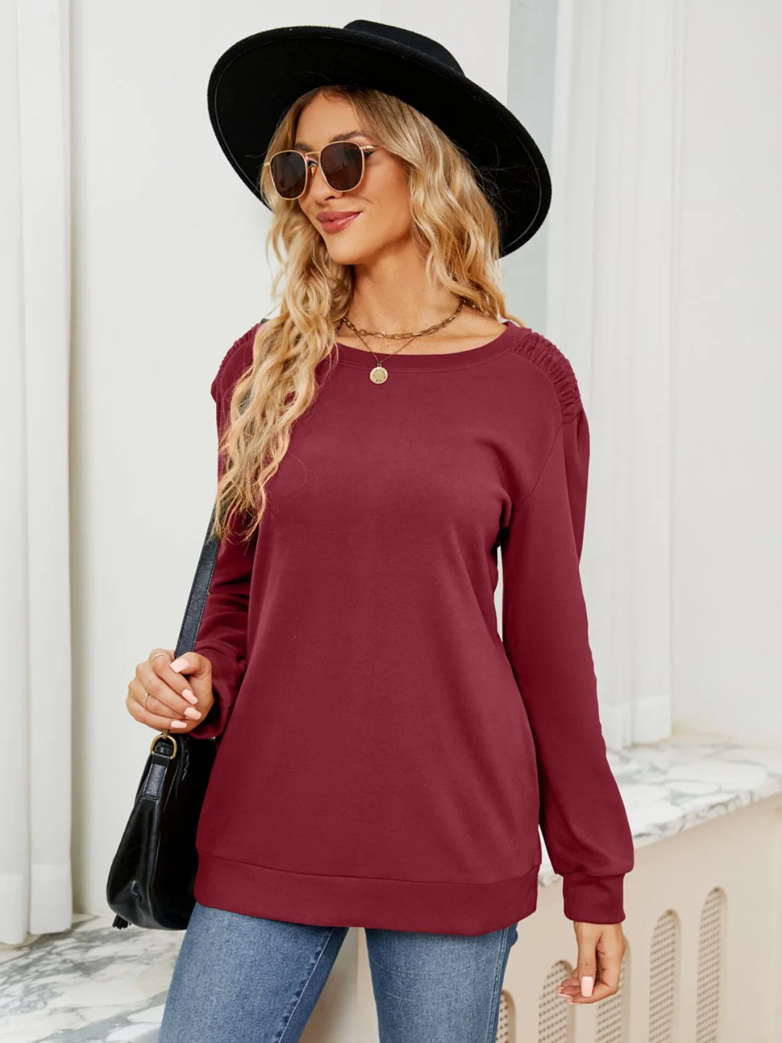 Ruched Shoulder Round Neck Long Sleeve Sweatshirt - Image 6