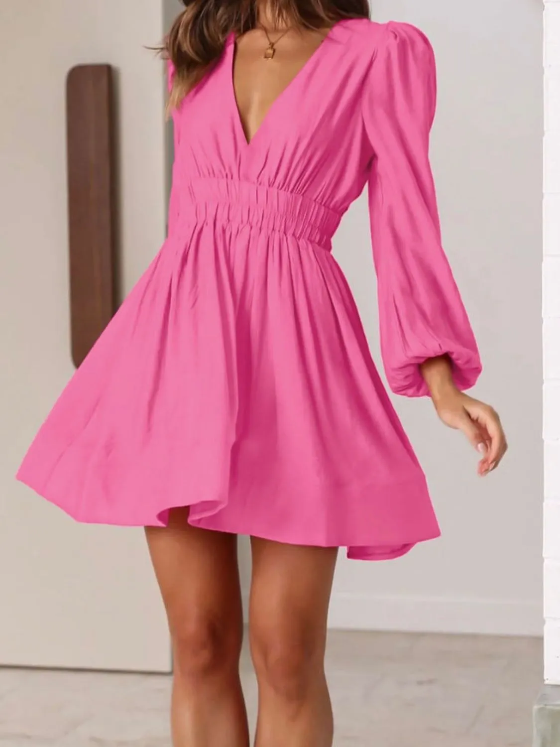 Ruched V-Neck Balloon Sleeve Mini Dress - Image 10