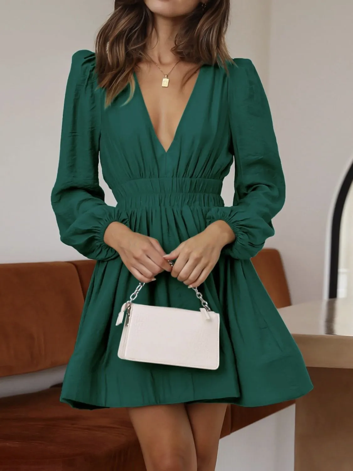 Ruched V-Neck Balloon Sleeve Mini Dress - Image 15