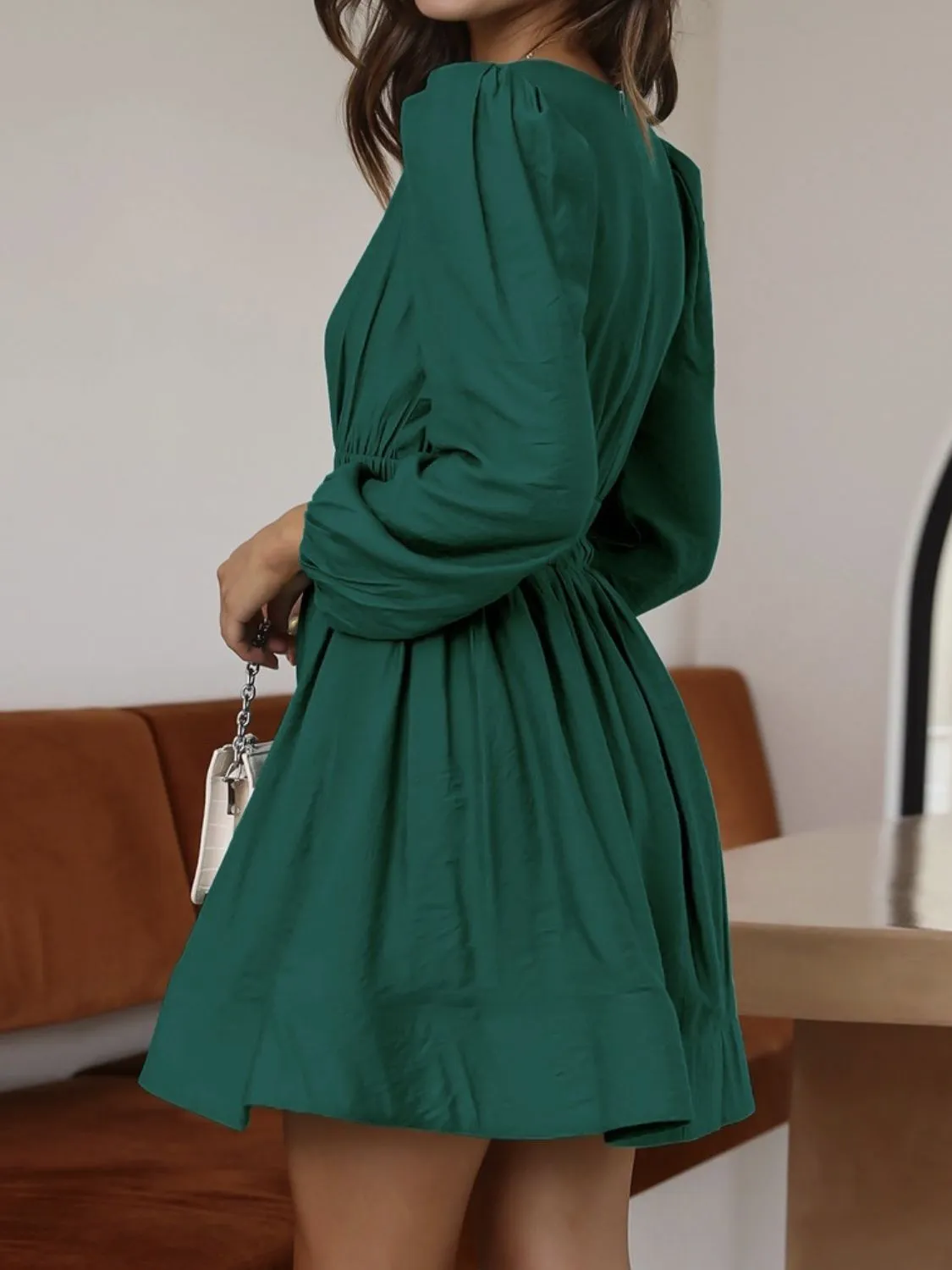 Ruched V-Neck Balloon Sleeve Mini Dress - Image 17