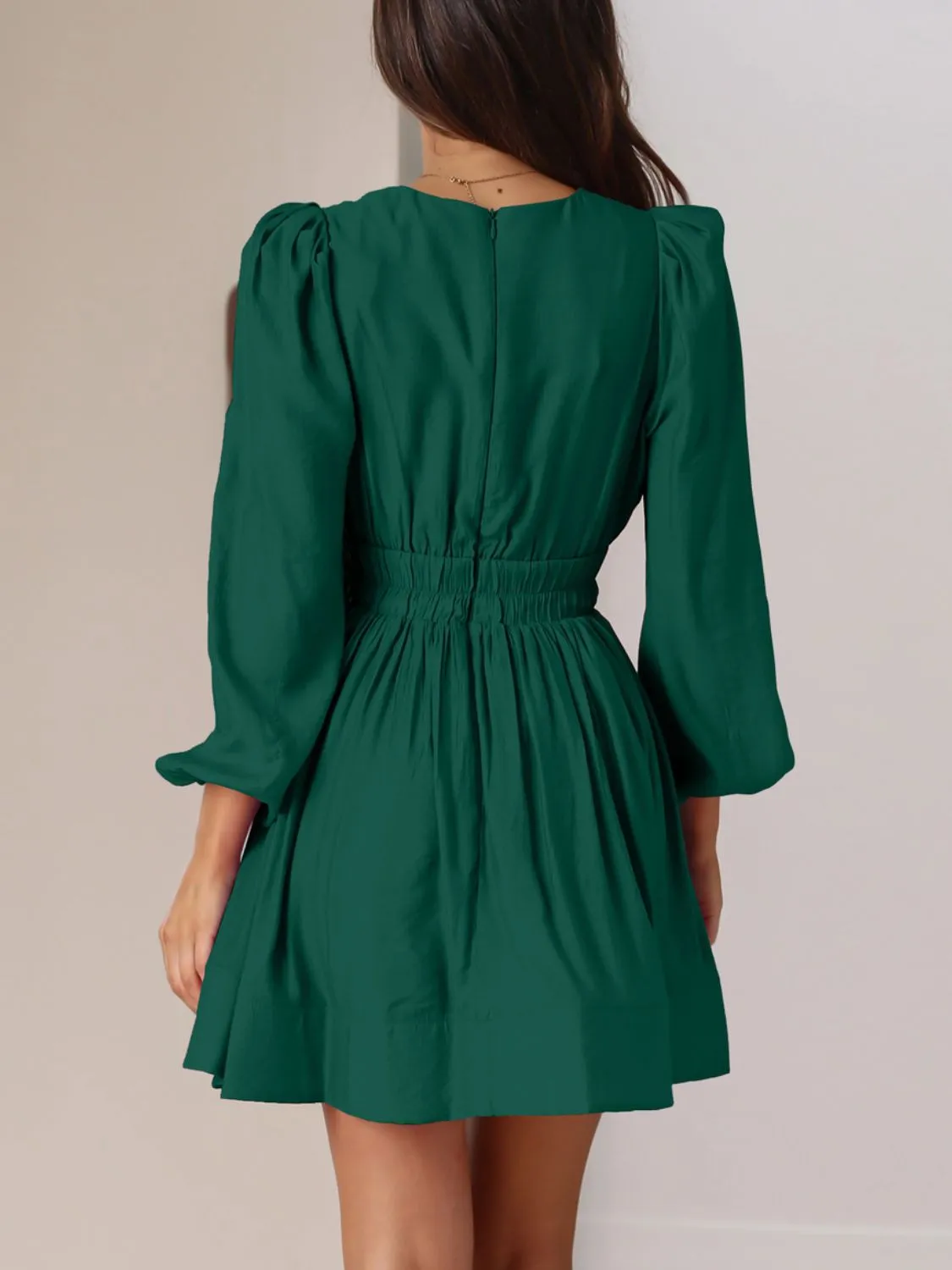 Ruched V-Neck Balloon Sleeve Mini Dress - Image 18