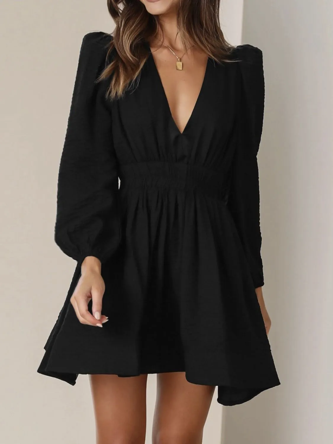 Ruched V-Neck Balloon Sleeve Mini Dress - Image 4