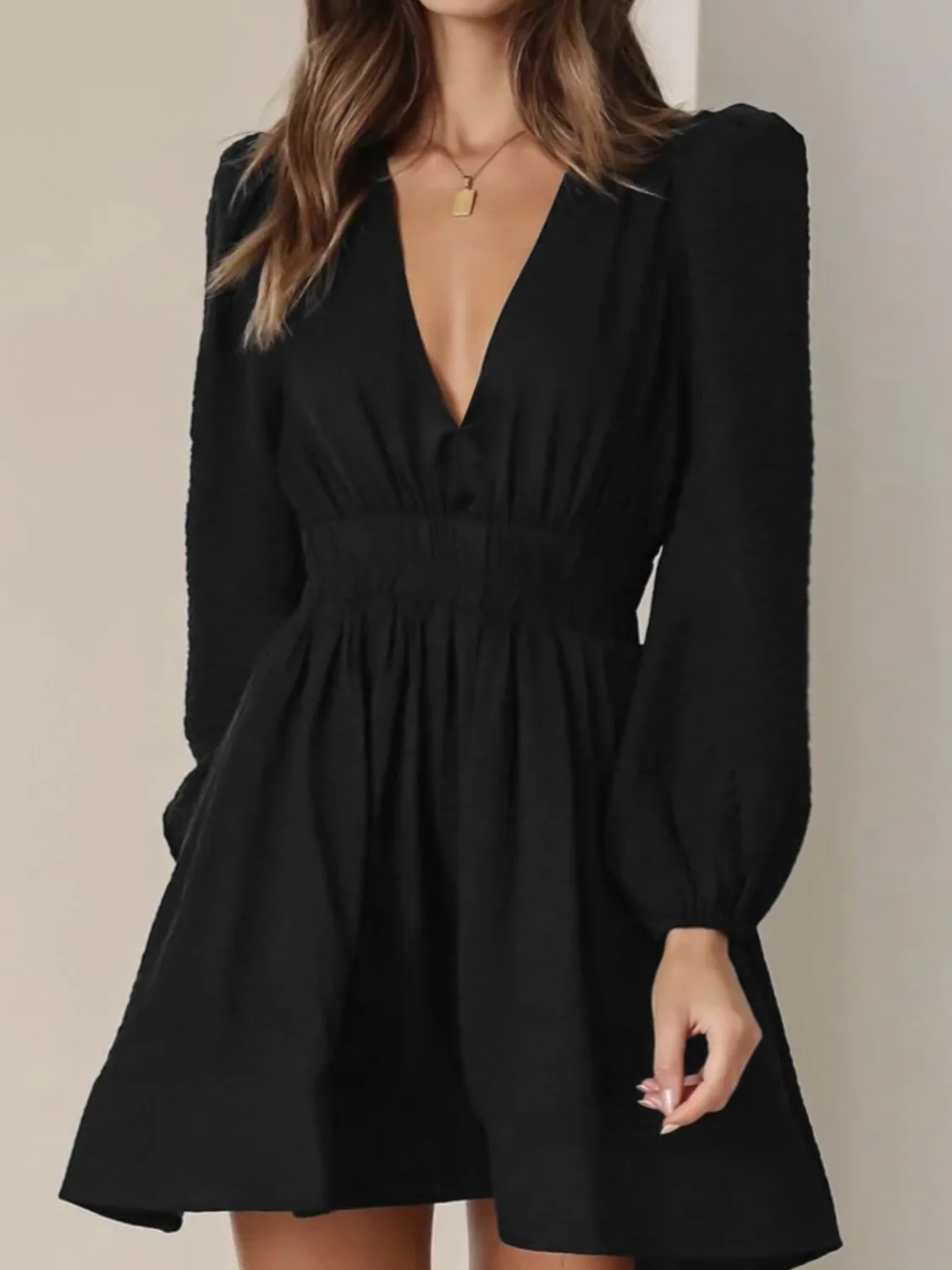 Ruched V-Neck Balloon Sleeve Mini Dress - Image 5
