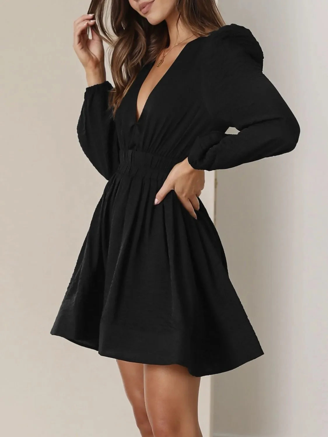Ruched V-Neck Balloon Sleeve Mini Dress - Image 6