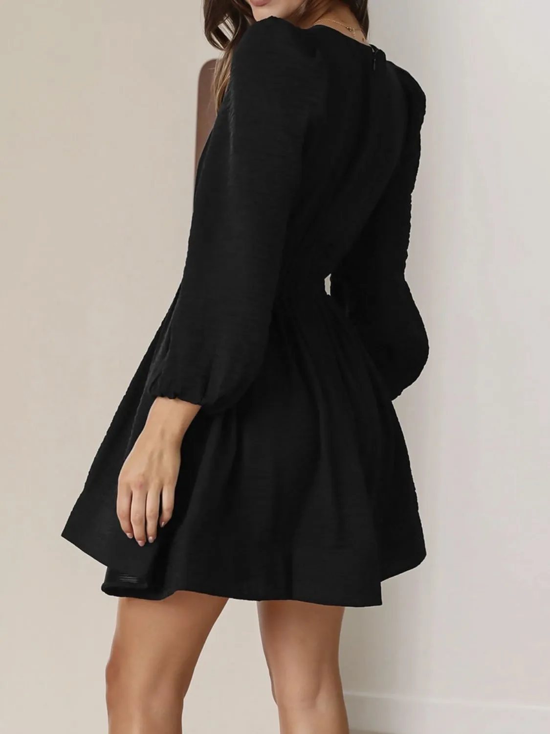 Ruched V-Neck Balloon Sleeve Mini Dress - Image 7