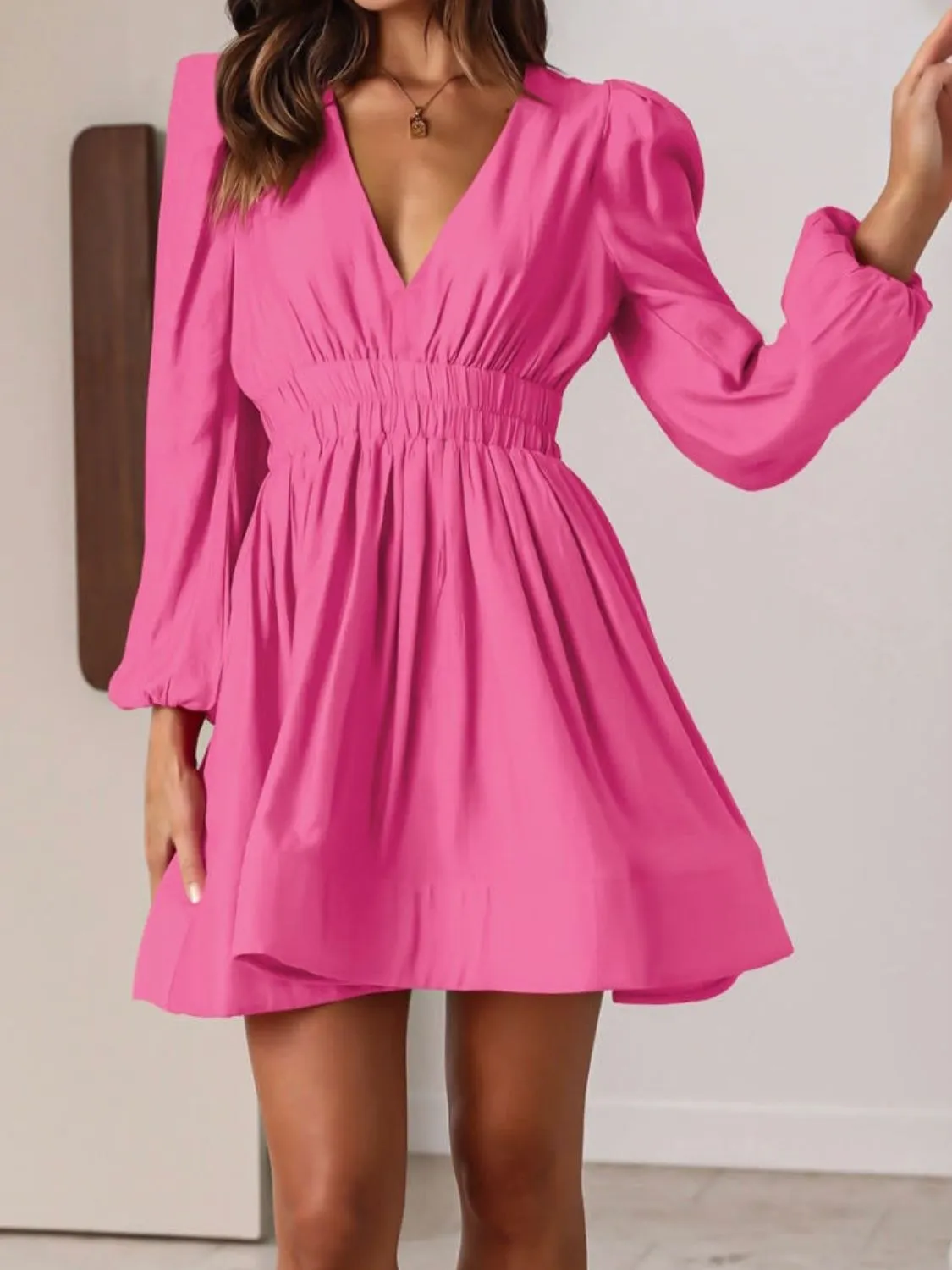 Ruched V-Neck Balloon Sleeve Mini Dress - Image 8