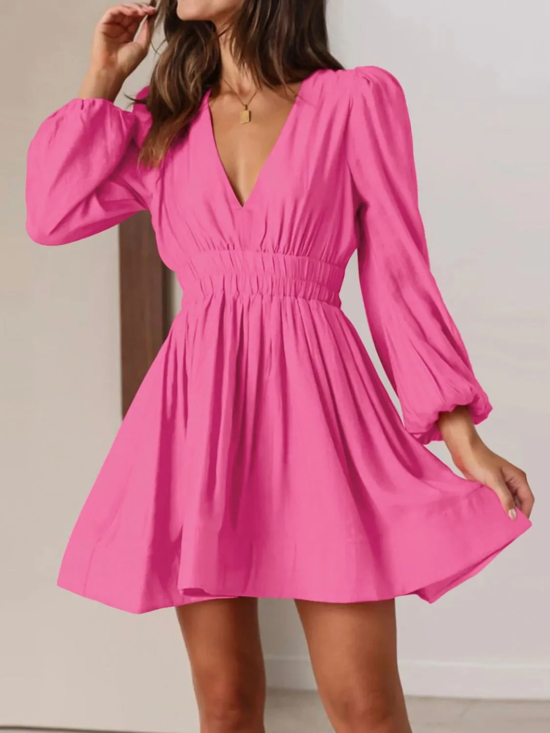 Ruched V-Neck Balloon Sleeve Mini Dress - Image 9