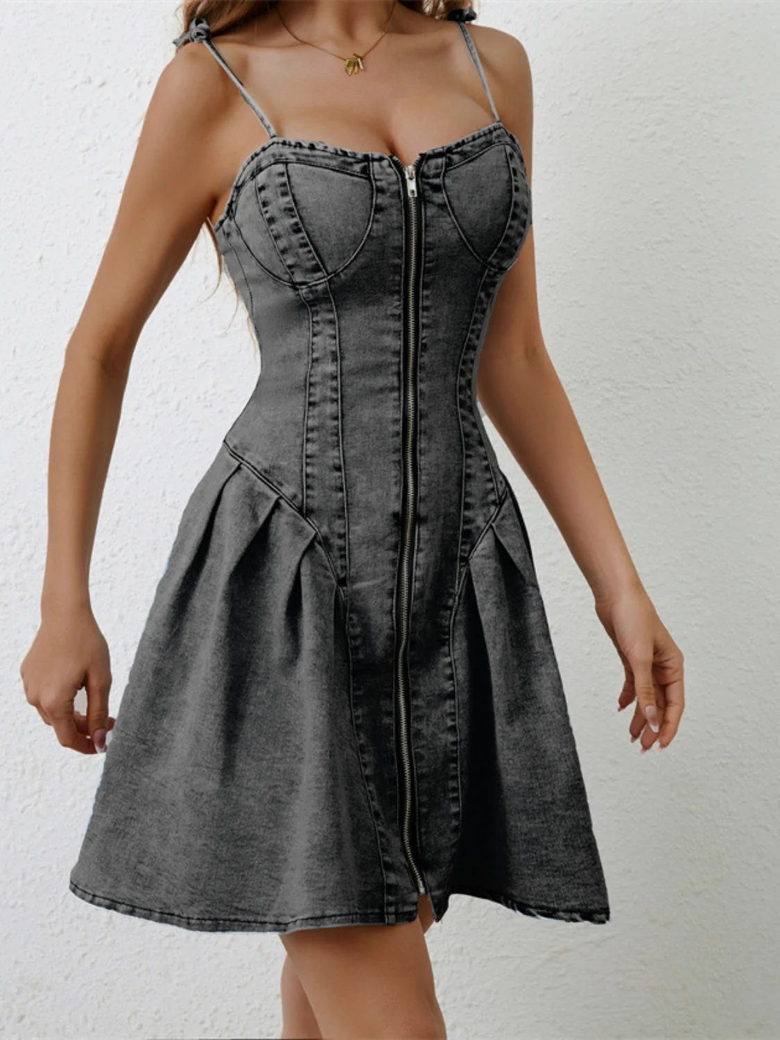 Ruched Zip Up Spaghetti Strap Denim Dress - Image 6